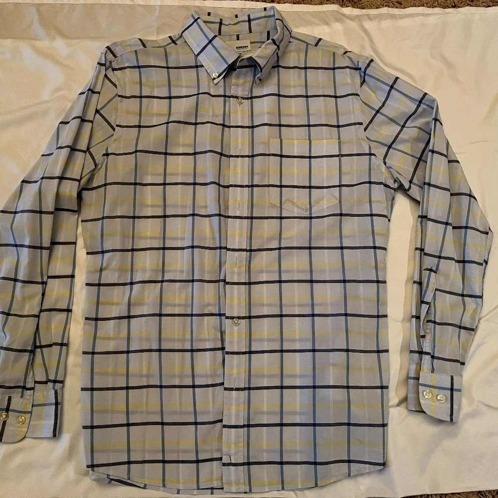 Men's Medium Light Blue and Yellow Box Striped Sonoma Dress Shirt